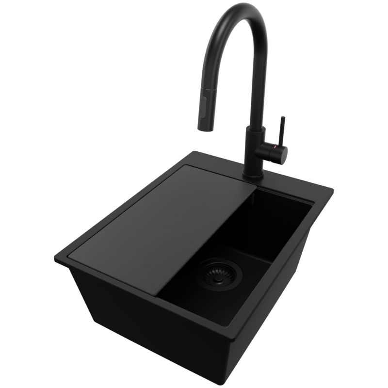 Zlewozmywak Granitowy Oslo PRIMAGRAN Nablatowy 38x50cm do szafki od 40cm, Cały Czarny + Bateria + Syfon + Deska, 1 szt.
