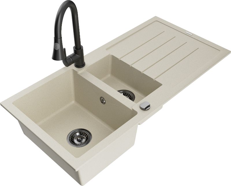 Zlewozmywak granitowy Mexen Andres 1,5-komorowy z ociekaczem i baterią kuchenną Elia biały - 6515-20-670101-70 1 szt.