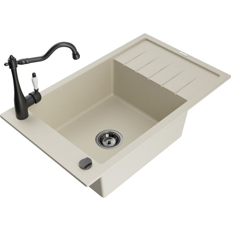 Zlewozmywak granitowy 1-komorowy Mexen Elias z ociekaczem i baterią kuchenną Carla biały - 6511-20-670700-70 1 szt.