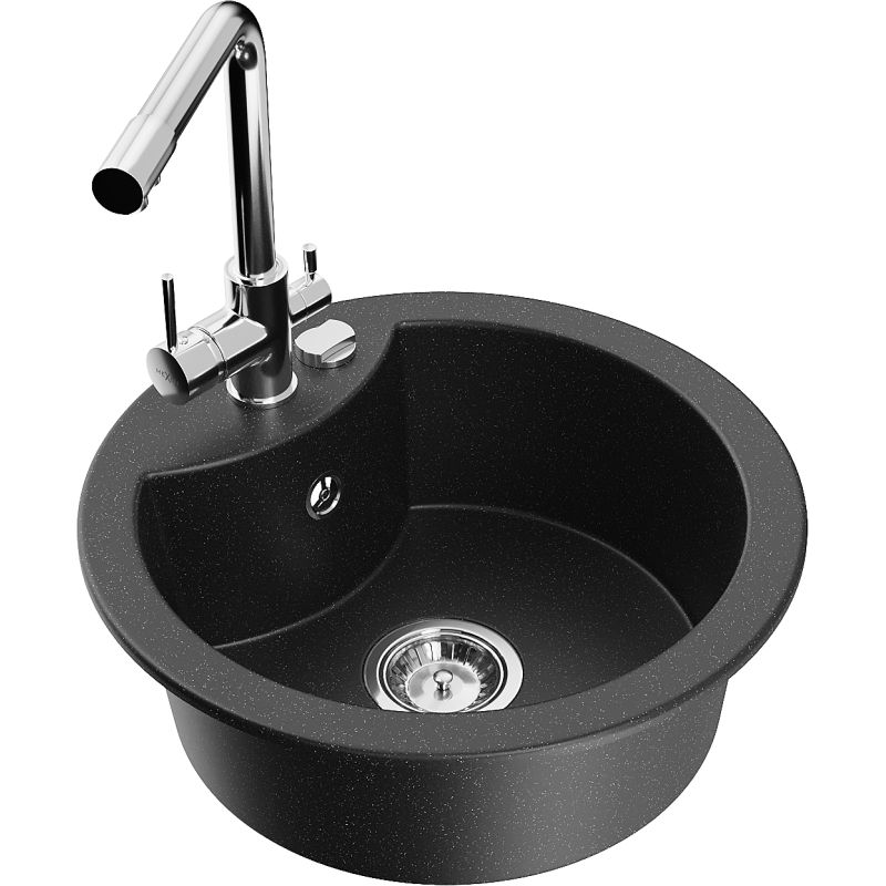 Zlewozmywak granitowy 1-komorowy Mexen Diego z baterią kuchenną Duero czarny/srebrny metalik 6512-73-671600-00