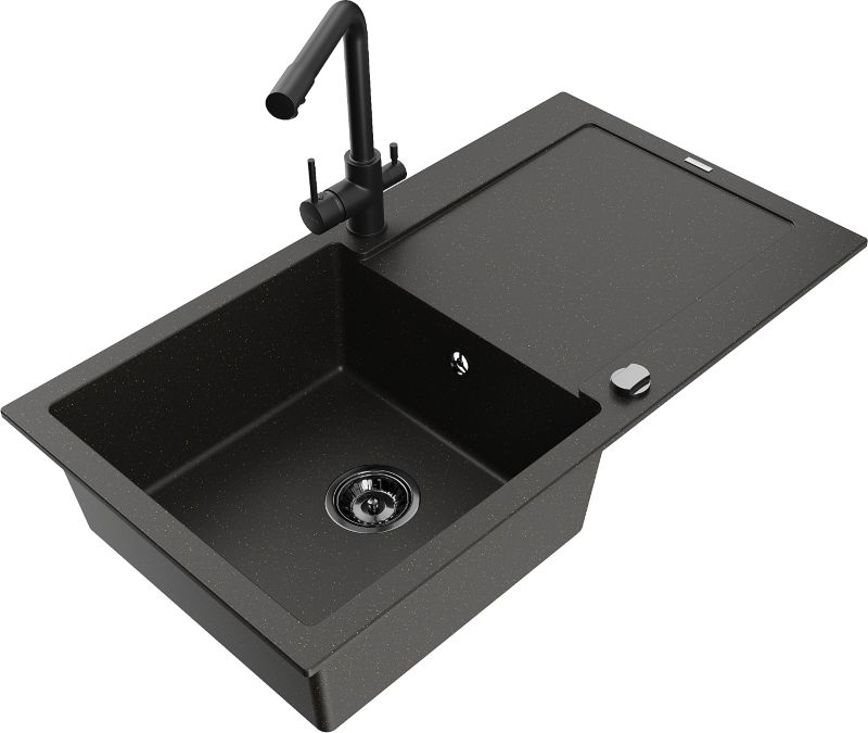Zlewozmywak granitowy Mexen Leo 1-komorowy z ociekaczem i baterią kuchenną Duo czarny - 6501-77-671701-57-B 1 szt.