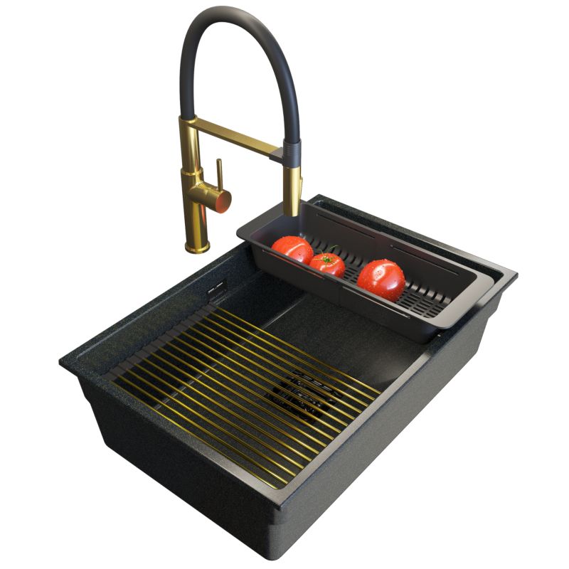 Zlew Granitowy Podwieszany Granitan Epir 70 Czarny Z drobinkami Zestaw Bateria Syfon 1 kpt.