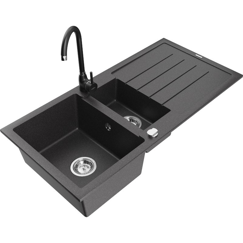 Zlewozmywak granitowy 1.5-komorowy Mexen Andres z ociekaczem i baterią kuchenną Telma czarny nakrapiany 6515-76-670200-70