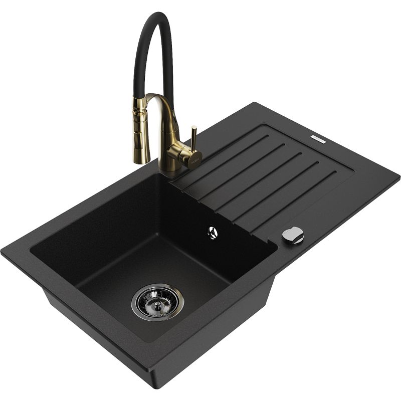 Zlewozmywak granitowy 1-komorowy Mexen Pablo z ociekaczem i baterią kuchenną Aster czarny 6510-77-73450-57-B