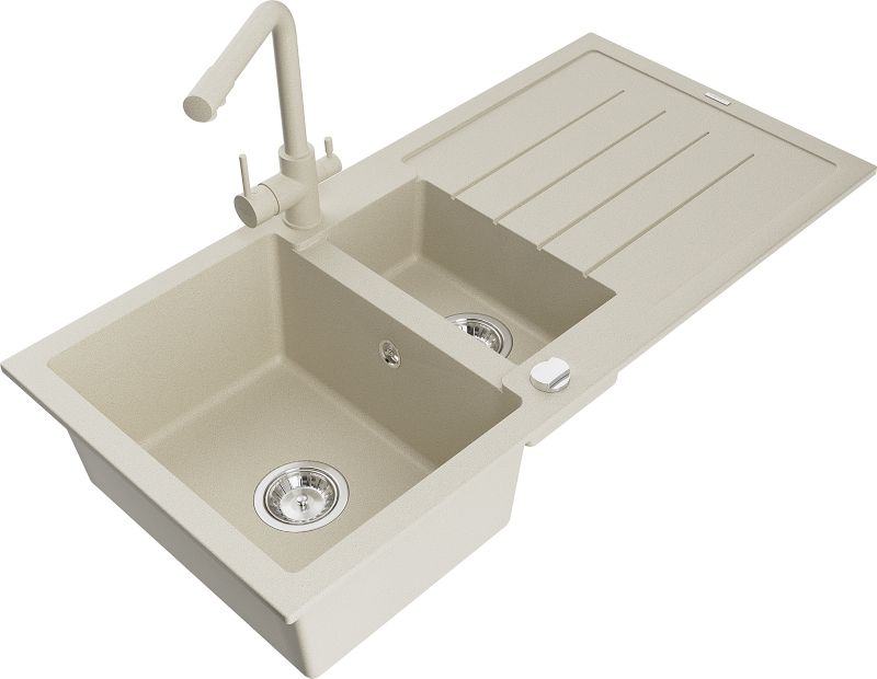 Zlewozmywak granitowy Mexen Andres 1,5-komorowy z ociekaczem i baterią kuchenną Duero beżowy 6515-69-671600-69