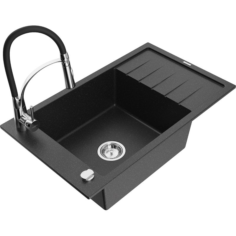 Zlewozmywak granitowy 1-komorowy Mexen Elias z ociekaczem i baterią kuchenną Aster czarny/srebrny metalik 6511-73-73450-07