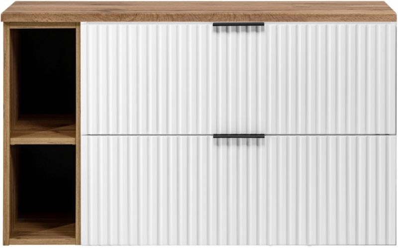 Szafka do łazienki pod umywalkę Furnidea 100 cm biały mat wisząca ryflowana 2 szuflady blat dąb Wotan regał 1 szt.