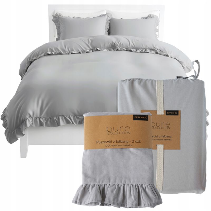 Pościel z falbaną Detexpol Pure 160x200cm + 2x poszewka 70x80cm bawełna jasnoszara 1 kpl.