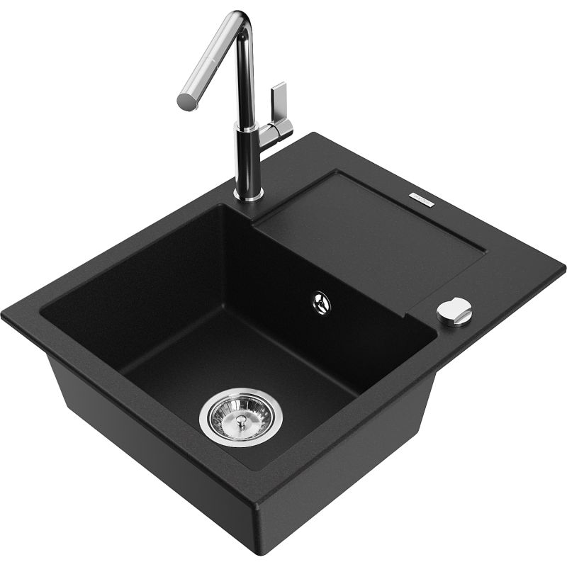 Zlewozmywak granitowy 1-komorowy Mexen Enzo z ociekaczem i baterią kuchenną Flora czarny - 6506-77-670401-57-B 1 szt.