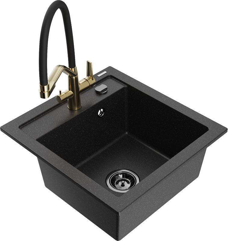 Zlewozmywak granitowy Mexen Vito 1-komorowy z baterią kuchenną Duo czarny/złoty - 6503-75-671701-57-B 1 szt.
