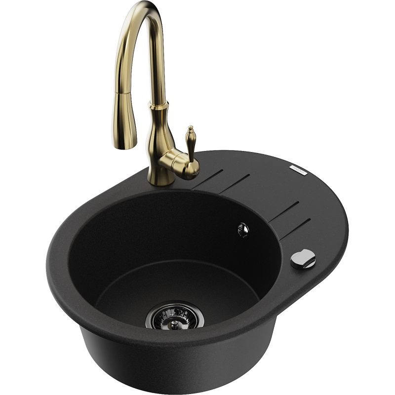 Zlewozmywak granitowy 1-komorowy Mexen Kevin z ociekaczem i baterią kuchenną Savita czarny/srebrny - 6517-73-672601-70-B 1 szt.