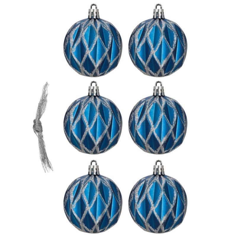 Bombki choinkowe 7 cm 6 szt. Springos komplet dekoracje świąteczne zdobione matowe, niebiesko-srebrne 1 kpl.