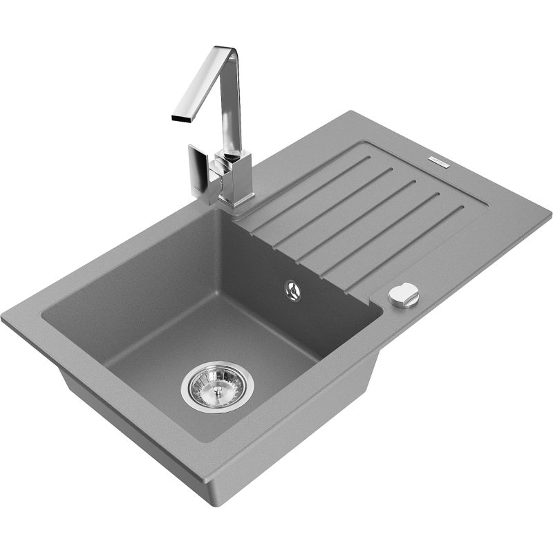 Zlewozmywak granitowy 1-komorowy Mexen Pablo z ociekaczem i baterią kuchenną Rita szary 6510-71-670300-00