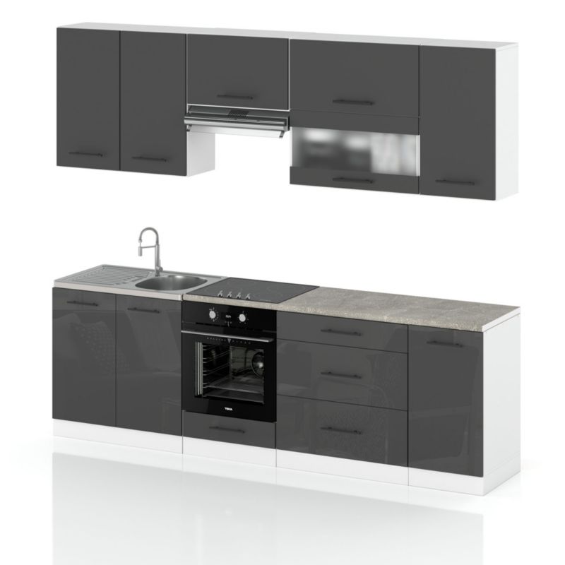 Zestaw Kuchenny Hurtownia-Mebli Z Blatem Kuchnia Marocco 260cm Biały Mat Szary Mat/Szary Połysk 260x52x157 cm 1szt.