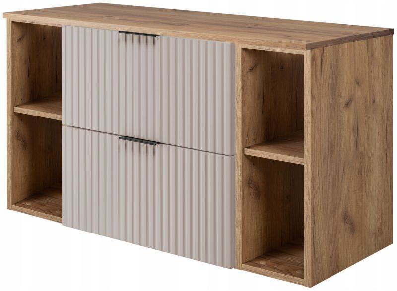 Szafka łazienkowa Furnidea 100 cm wisząca pod umywalkę kaszmir mat z regałami i blatem dąb craft złoty Flow 1 szt.