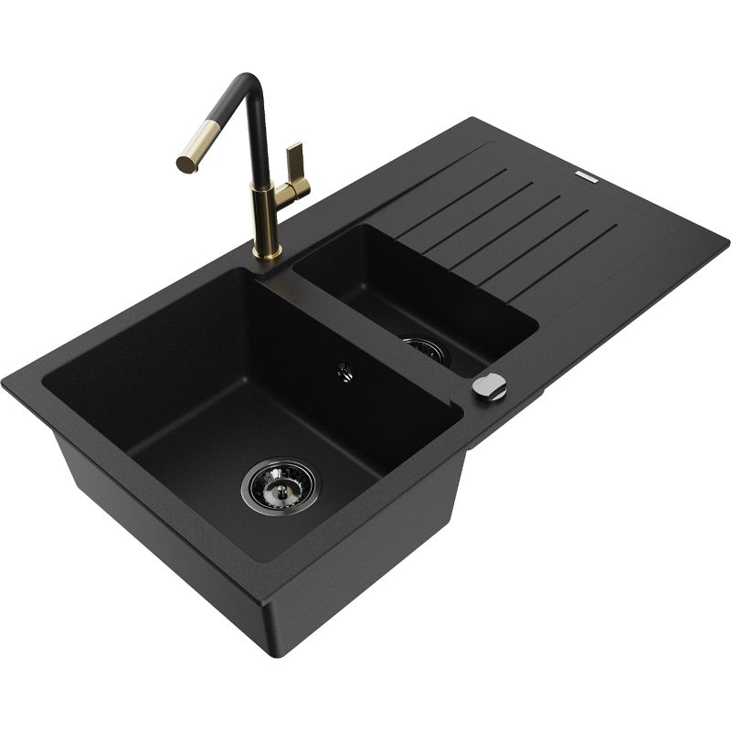 Zlewozmywak granitowy 1.5-komorowy Mexen Matias z ociekaczem i baterią kuchenną Flora czarny - 6502-77-670401-07 1 szt.