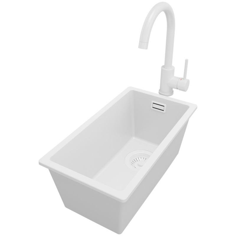 Zlewozmywak Granitowy Londyn Slim PRIMAGRAN Nablatowy 26x47cm do szafki od 30cm, Cały Biały + Bateria + Syfon, 1 szt.