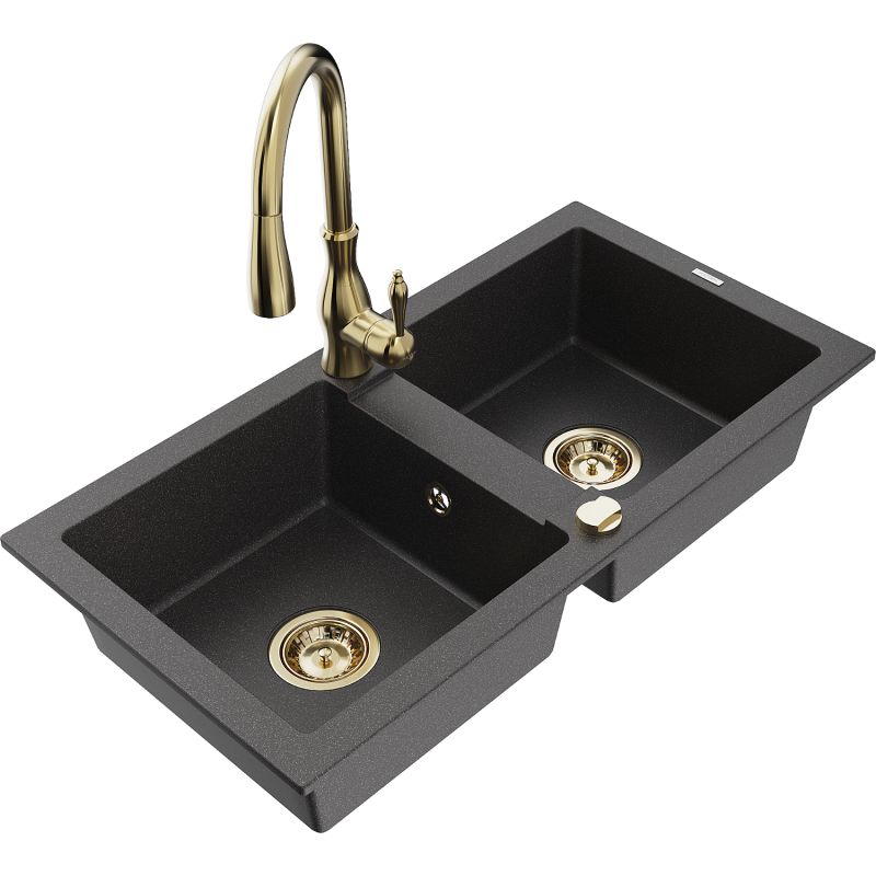 Zlewozmywak granitowy 2-komorowy Mexen Mario z baterią kuchenną Savita czarny nakrapiany 6504-76-672601-50