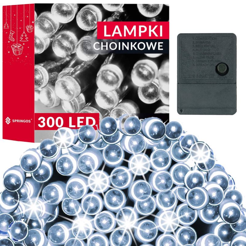 Lampki świąteczne 300 led, Springos, zimny biały 22,5 m, oświetlenie choinkowe 1 szt.