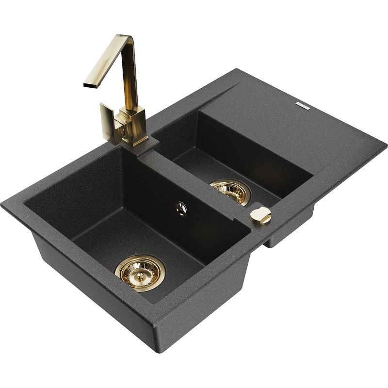 Zlewozmywak granitowy 1.5-komorowy Mexen Gaspar z ociekaczem i baterią kuchenną Rita czarny nakrapiany - 6507-76-670300-00 1 szt.
