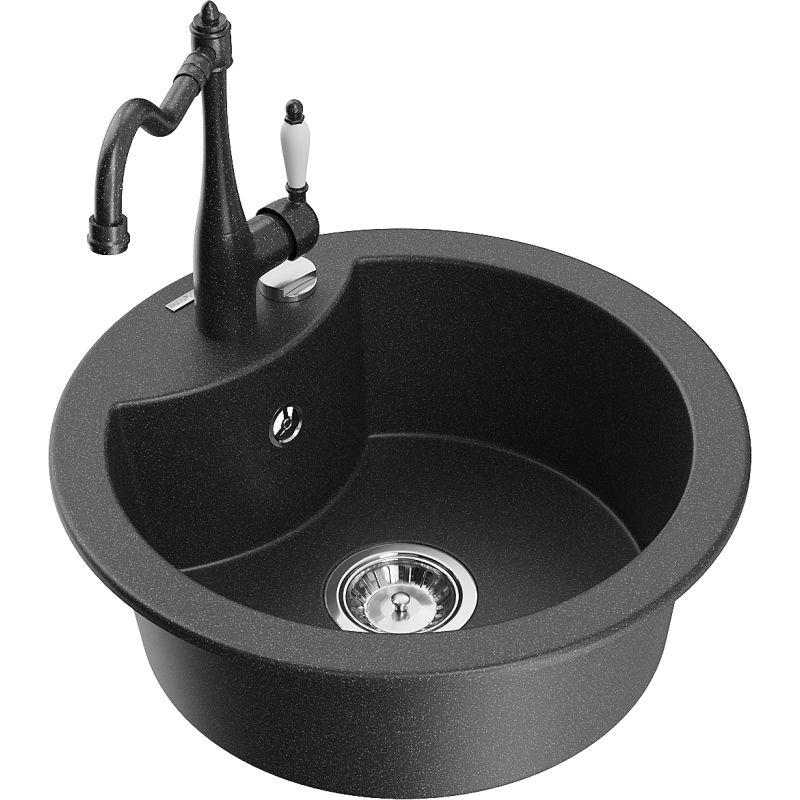 Zlewozmywak granitowy 1-komorowy Mexen Diego z baterią kuchenną Carla czarny nakrapiany - 6512-76-670700-50 1 szt.