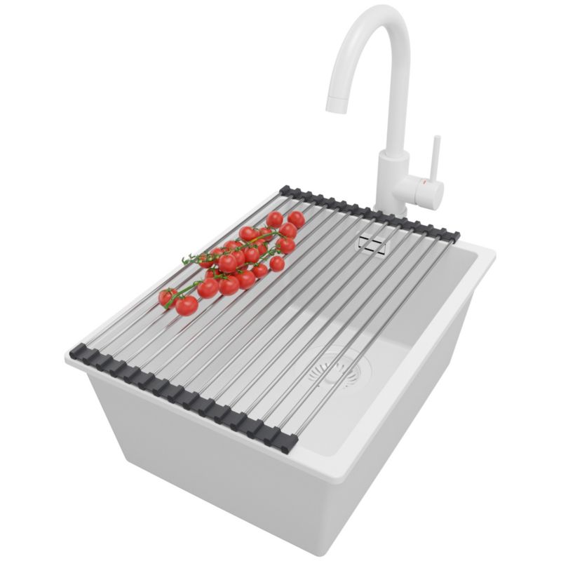 Zlewozmywak Granitowy Londyn Slim PRIMAGRAN Nablatowy 36x47cm do szafki od 40cm z Syfonem i Baterią i Dodatkiem Cały Biały 1 szt.