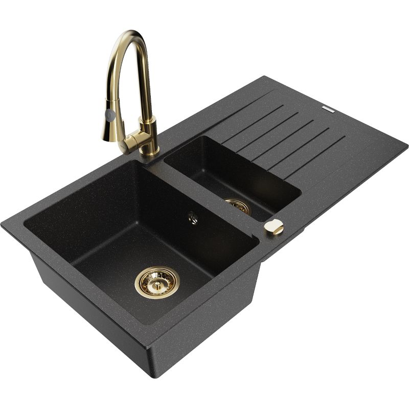 Zlewozmywak granitowy 1.5-komorowy Mexen Matias z ociekaczem i baterią kuchenną Elia czarny/srebrny metalik 6502-73-670101-50