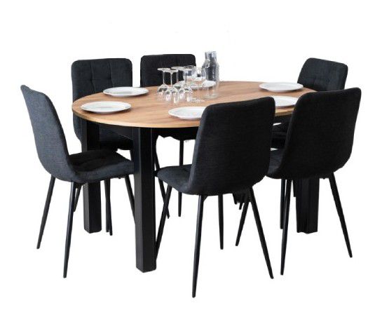 Zestaw Mebel Elite Stół HARRY Dąb Craft/Czarny i 6 Krzeseł PERU 2 Tapicerowanych 1 szt