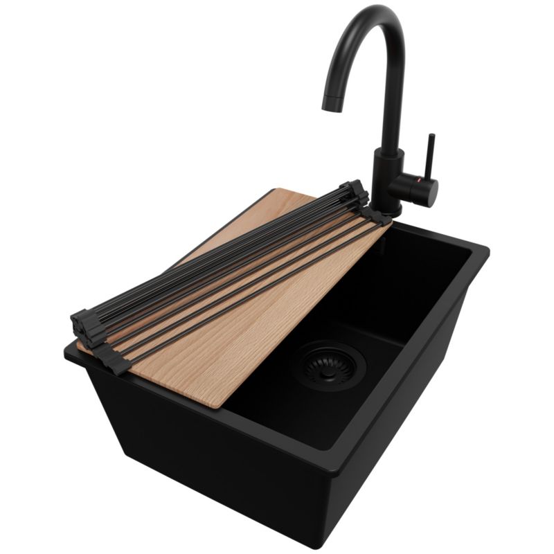 Zlewozmywak Granitowy Londyn Slim PRIMAGRAN Nablatowy 36x47cm do szafki od 40cm z Syfonem i Baterią i Dodatkiem Cały Czarny 1 szt.