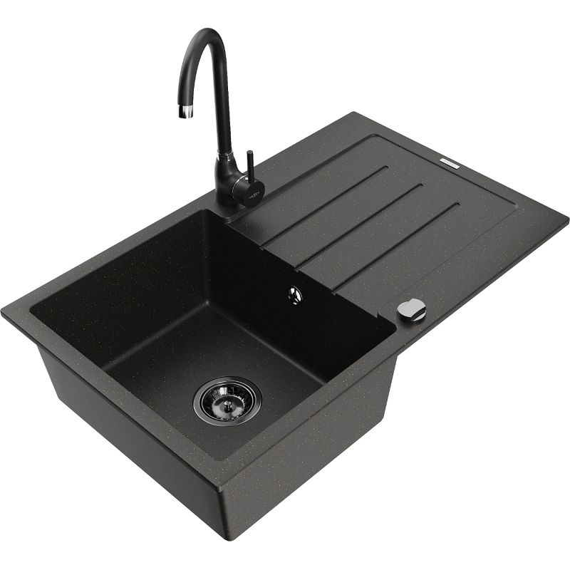 Zlewozmywak granitowy 1-komorowy Mexen Bruno z ociekaczem i baterią kuchenną Telma czarny/złoty 6513-75-670200-70-B