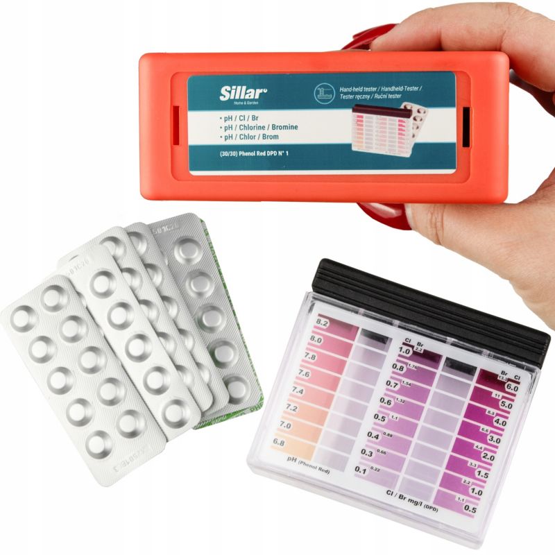 Tester pH, Sillar, miernik poziomu chloru, bromu, do basenu, jacuzzi, zestaw z tabletkami testowymi, skalą, 1szt