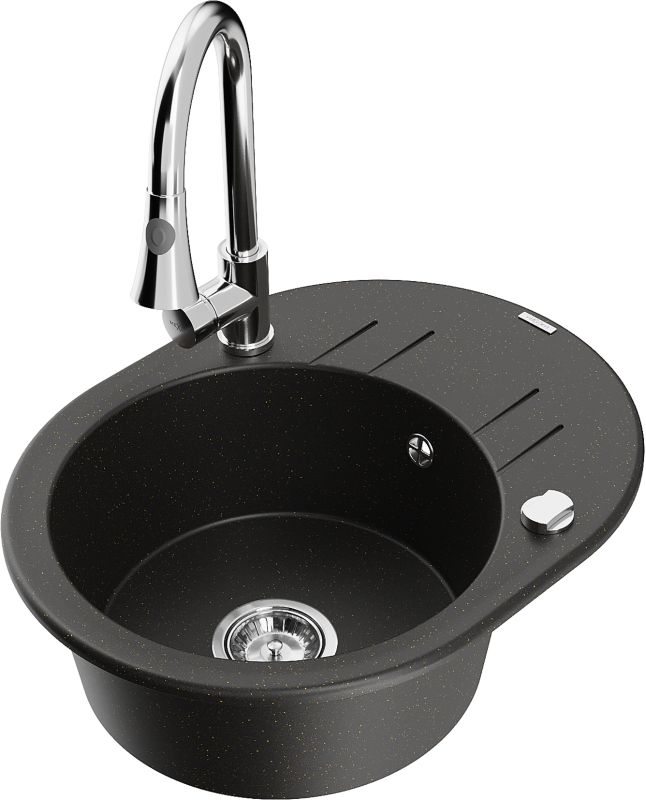 Zlewozmywak granitowy Mexen Kevin 1-komorowy z ociekaczem i baterią kuchenną Elia czarny/złoty 6517-75-670101-00