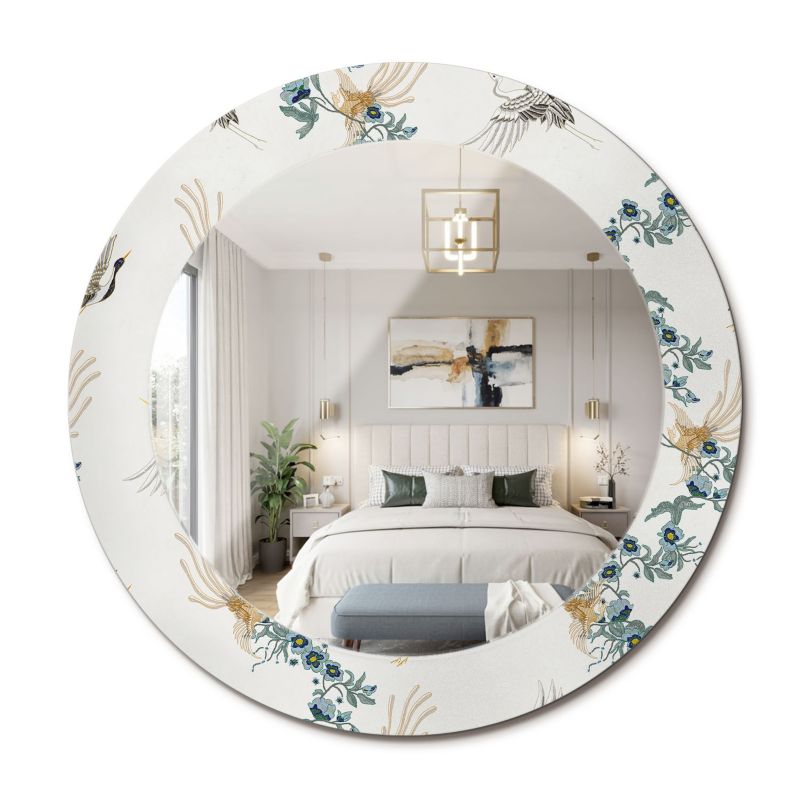 Lustro Okrągłe ArtPrintCave 60 cm Chińskie Ptaki w Szklanej Ramie z Nadrukiem do Garderoby 1 szt.