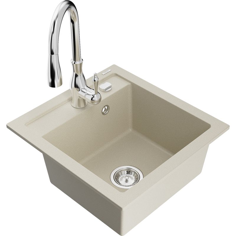Zlewozmywak granitowy 1-komorowy Mexen Vito z baterią kuchenną Savita beżowy - 6503-69-672601-70 1 szt.