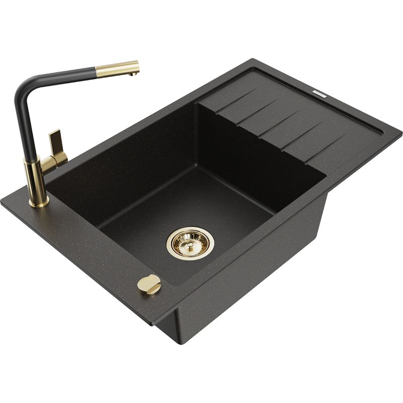 Zlewozmywak granitowy 1-komorowy Mexen Elias z ociekaczem i baterią kuchenną Flora czarny/złoty metalik 6511-75-670401-57-G