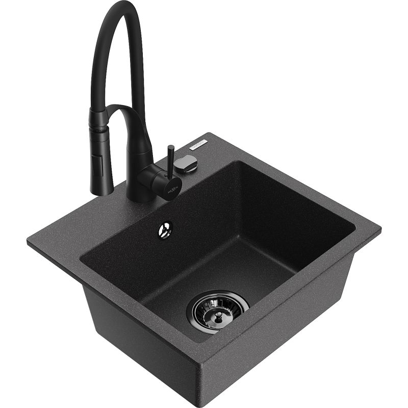 Zlewozmywak granitowy 1-komorowy Mexen Milo z baterią kuchenną Aster czarny/srebrny metalik - 6505-73-73450-70-B 1 szt.