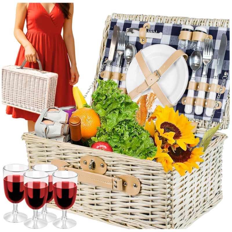 Wiklinowy Kosz Koszyk Piknikowy 4 Osób Sztućce Kieliszki Prezent Dzień Ojca