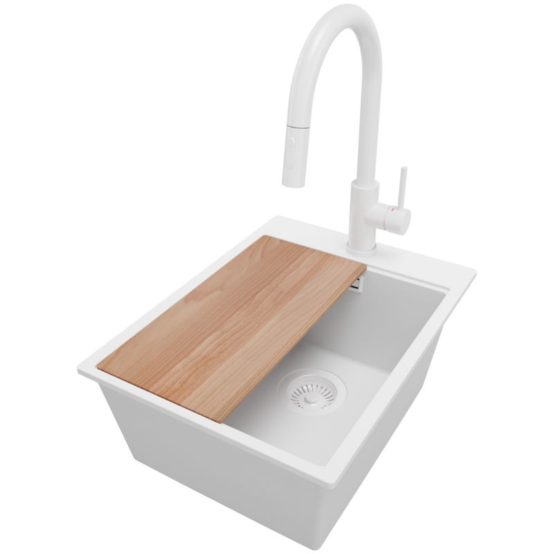 Zlewozmywak Granitowy Oslo PRIMAGRAN Nablatowy 38x50cm do szafki od 40cm, Cały Biały + Bateria + Syfon + Deska, 1 szt.