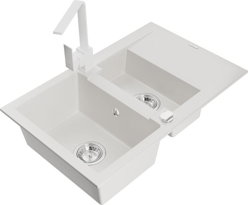 Zlewozmywak granitowy Mexen Gaspar 1,5-komorowy z ociekaczem i baterią kuchenną Rita biały 6507-20-670300-20
