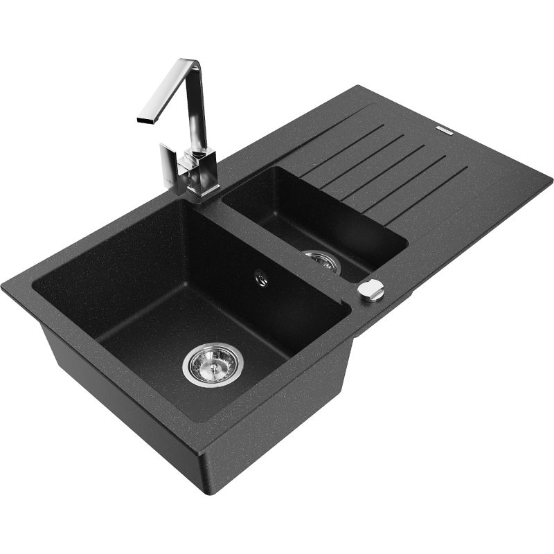 Zlewozmywak granitowy 1.5-komorowy Mexen Matias z ociekaczem i baterią kuchenną Rita czarny/srebrny metalik 6502-73-670300-00