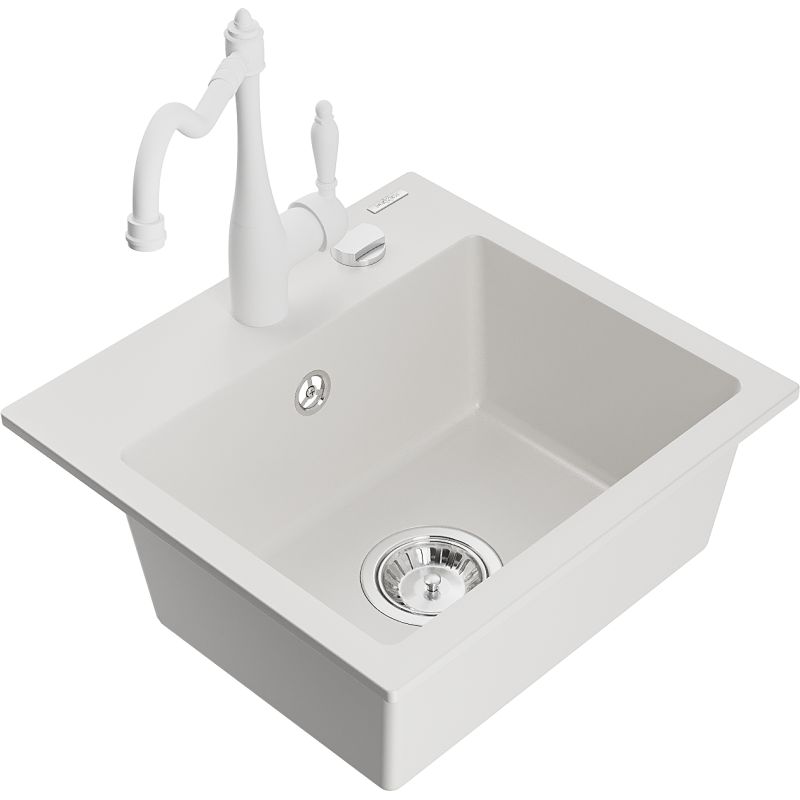 Zlewozmywak granitowy 1-komorowy Mexen Milo z baterią kuchenną Carla biały 6505-20-670700-20