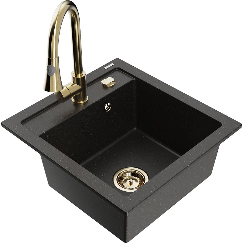 Zlewozmywak granitowy 1-komorowy Mexen Vito z baterią kuchenną Elia czarny/złoty metalik 6503-75-670101-50