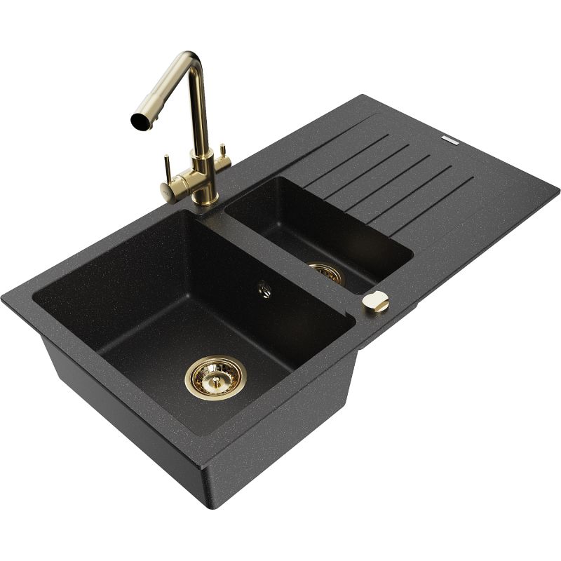 Zlewozmywak granitowy 1.5-komorowy Mexen Matias z ociekaczem i baterią kuchenną Duero czarny/srebrny metalik 6502-73-671600-50