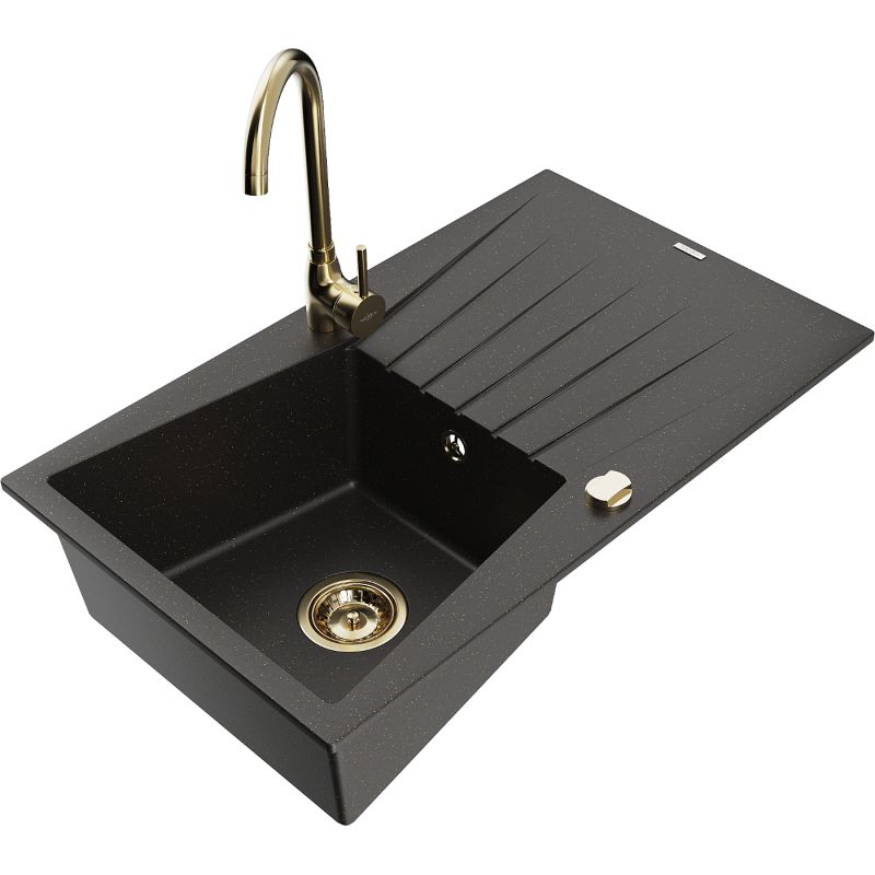 Zlewozmywak granitowy 1-komorowy Mexen Cesar z ociekaczem i baterią kuchenną Telma czarny/złoty 6514-75-670200-50