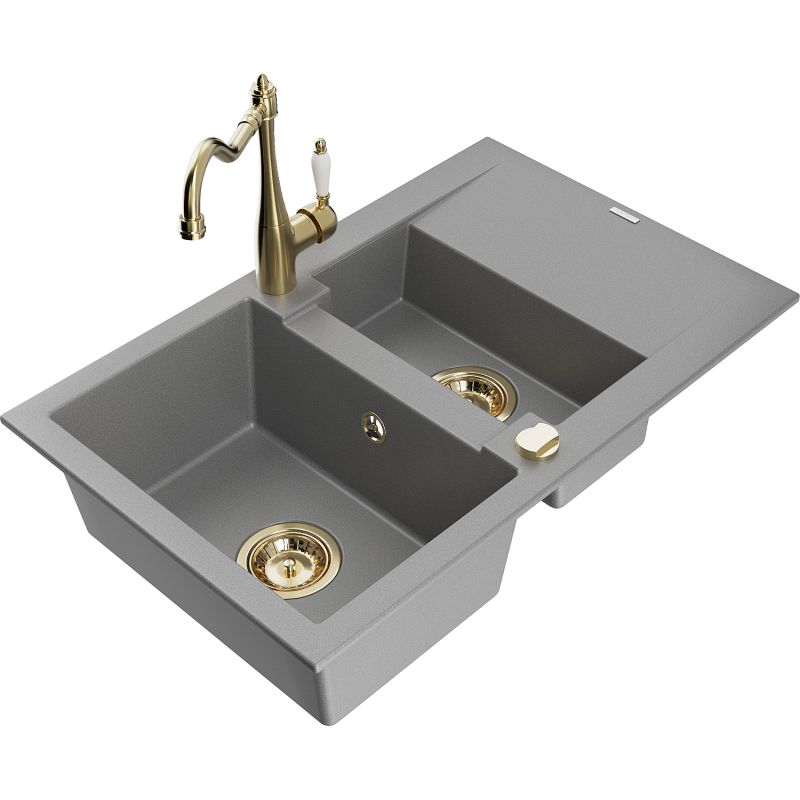 Zlewozmywak granitowy 1.5-komorowy Mexen Gaspar z ociekaczem i baterią kuchenną Carla szary 6507-71-670700-50