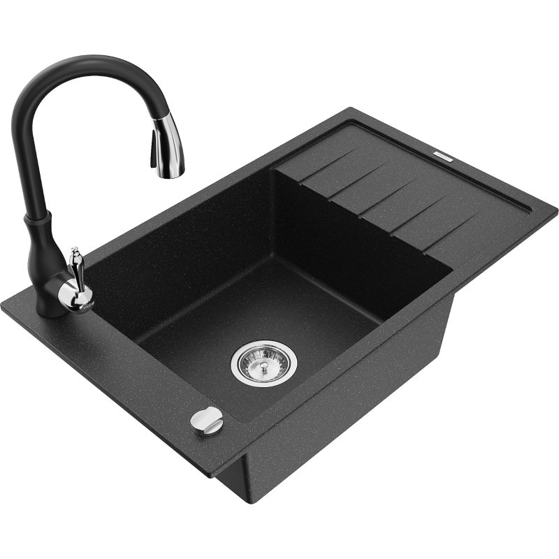 Zlewozmywak granitowy 1-komorowy Mexen Elias z ociekaczem i baterią Savita czarny/złoty metalik - 6511-75-672601-00 1 szt.