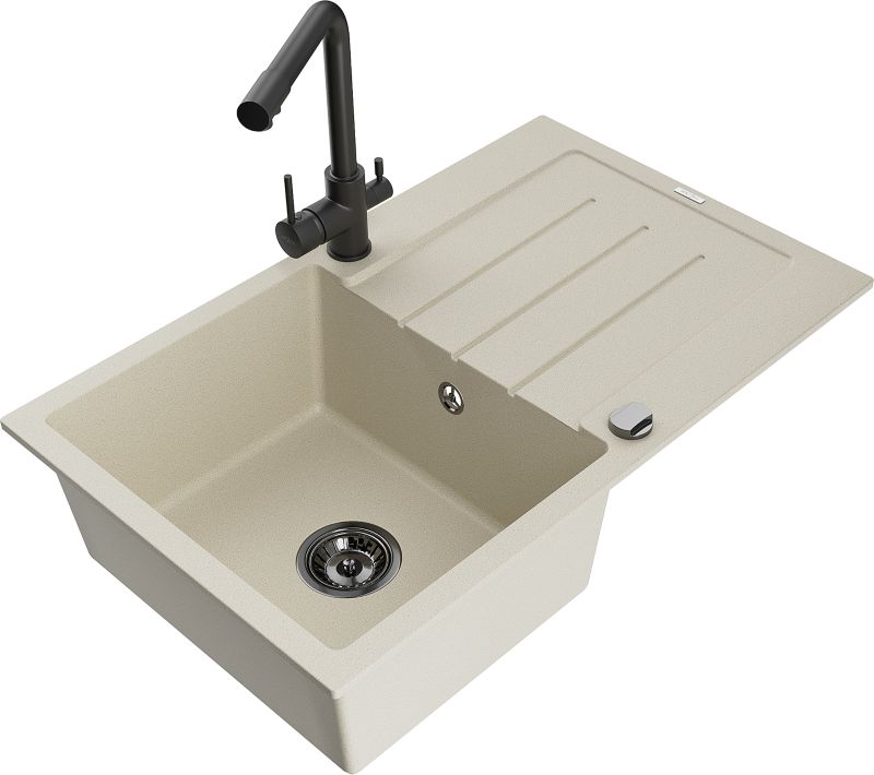 Zlewozmywak granitowy Mexen Bruno 1-komorowy z ociekaczem i baterią kuchenną Duero beżowy - 6513-69-671600-50 1 szt.