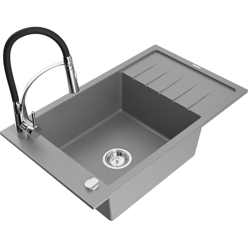 Zlewozmywak granitowy 1-komorowy Mexen Elias z ociekaczem i baterią kuchenną Aster szary 6511-71-73450-07