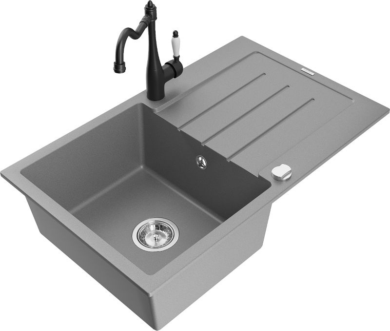 Zlewozmywak granitowy Mexen Bruno 1-komorowy z ociekaczem i baterią kuchenną Carla szary 6513-71-670700-70