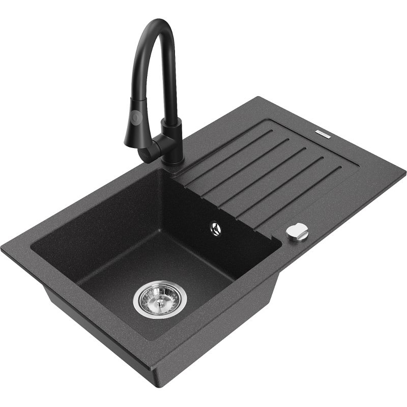 Zlewozmywak granitowy 1-komorowy Mexen Pablo z ociekaczem i baterią kuchenną Elia czarny nakrapiany 6510-76-670101-70